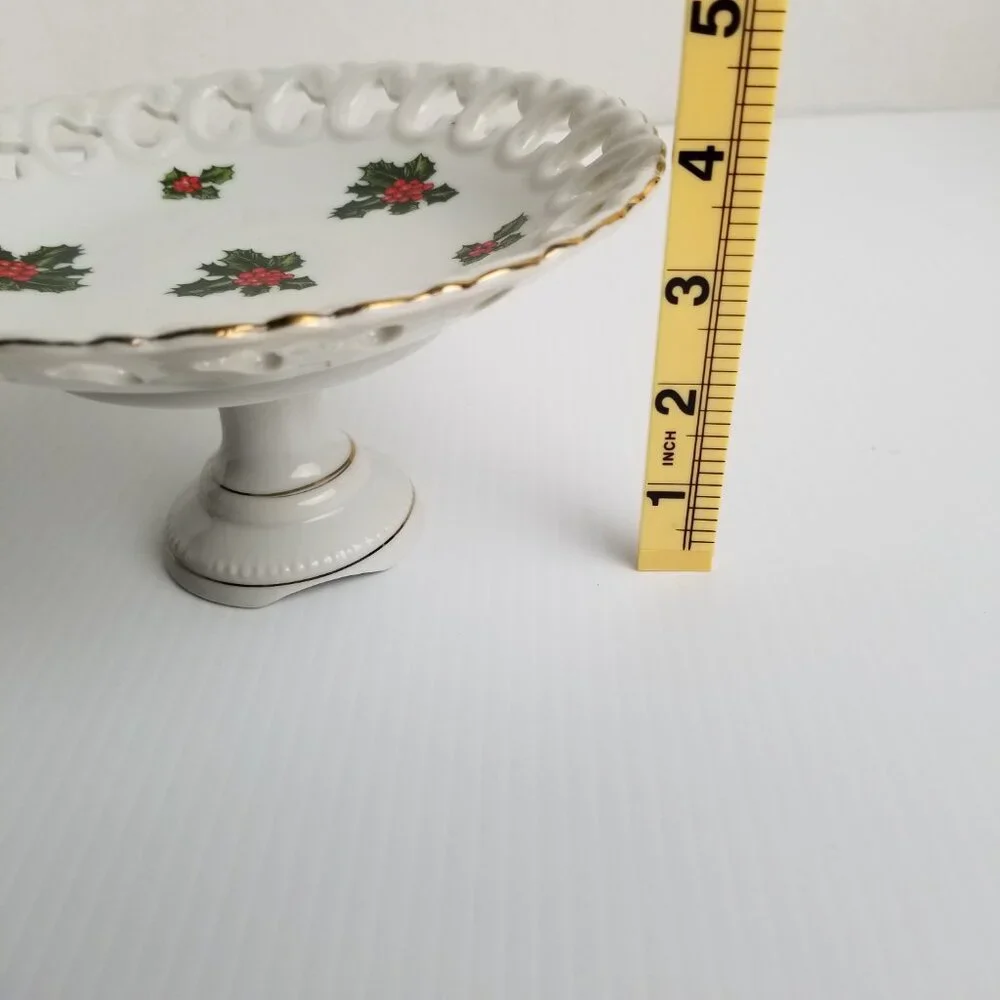 Vintage Lefton Holly Christmas Porcelain Compote Gold Trim Pedestal Japan 7956